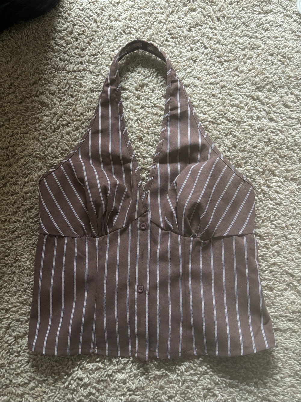 SHEIN Brown and White Striped Halter Crop Top